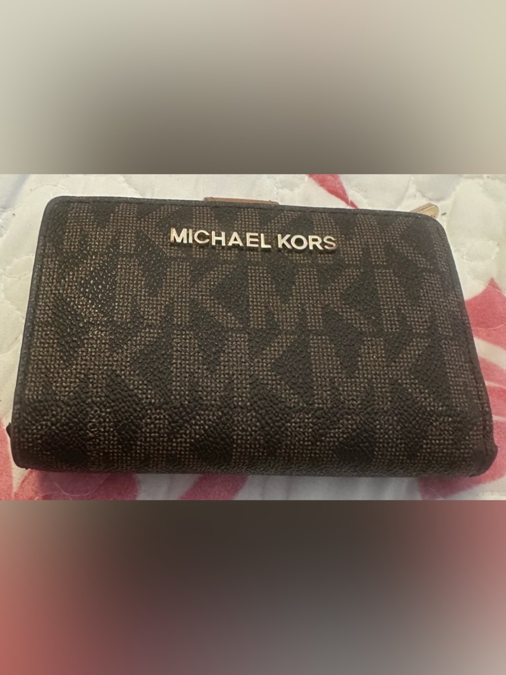 Michael Kors Dark Brown MK Logo Zip Wallet with Gold Logo